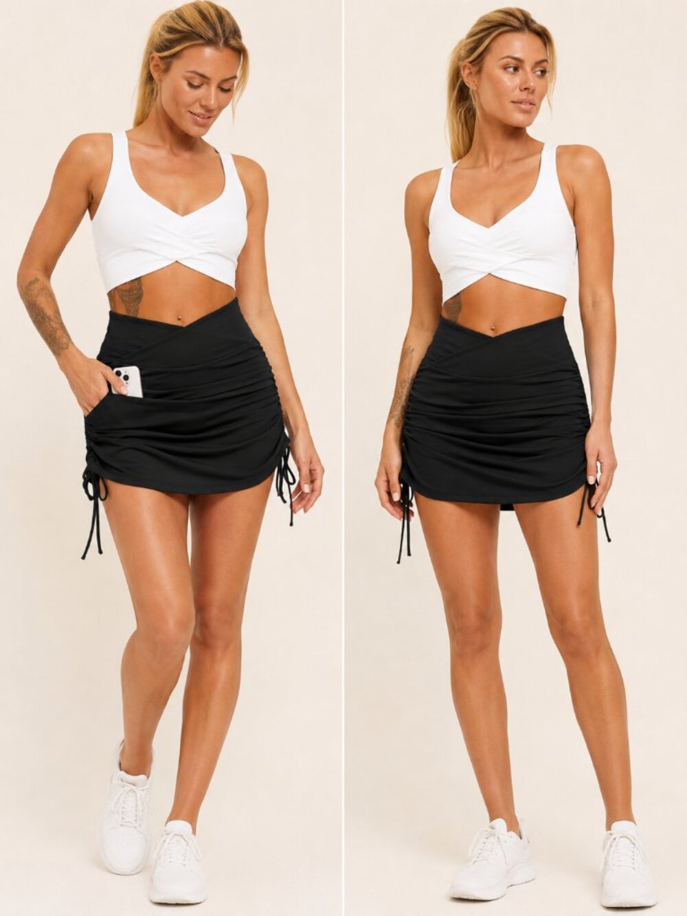 Ruched High Waist Athletic Skort Black Tennis Golf Skirt Built-In Shorts Size S